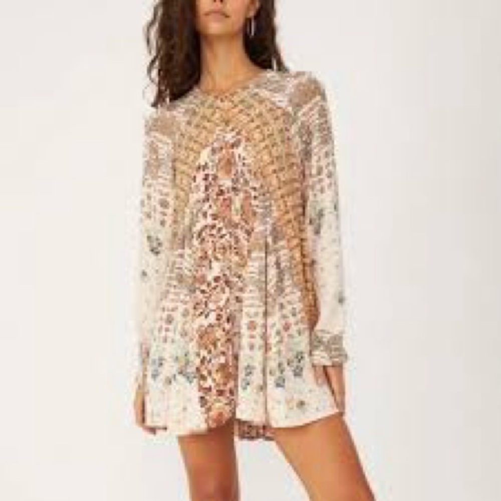 Free People Stevie Printed Long Sleeve Tunic Dress in Tea Combo - Size Medium